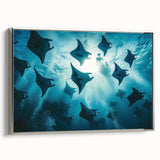 Framed wall art featuring a marine life ray design on canvas, presented in a sleek silver frame, showcasing vibrant colors and intricate details. Perfect for ocean-themed decor.