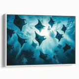 Framed canvas wall art featuring a vibrant marine life ray design, displayed in a modern white frame, showcasing intricate details and oceanic colors, perfect for coastal decor.