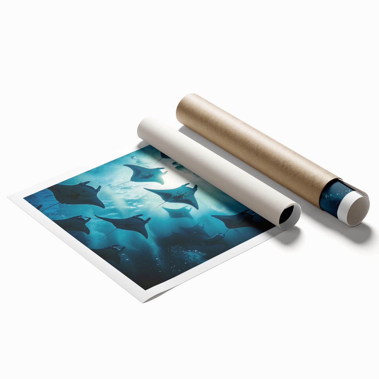 Colorful marine life wall art featuring a stylized ray design on a rolled print, showcasing vibrant blues and greens, perfect for ocean-themed decor.