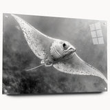 Vibrant acrylic wall art collection showcasing marine life rays in a sleek design, displayed with pins on a glass surface, perfect for ocean-themed decor.