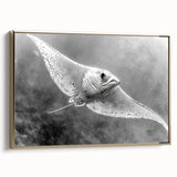 Framed canvas wall art showcasing a vibrant marine life ray design, featuring gold accents and a sleek side view, perfect for ocean-themed decor in any room.