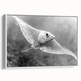 Framed wall art collection showcasing a vibrant marine life ray design, featuring hues of blue and green on a textured canvas, perfect for coastal decor.