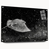 Vibrant marine life wall art collection showcasing a stunning ray design printed on acrylic glass, displayed in a contemporary setting with decorative pins.