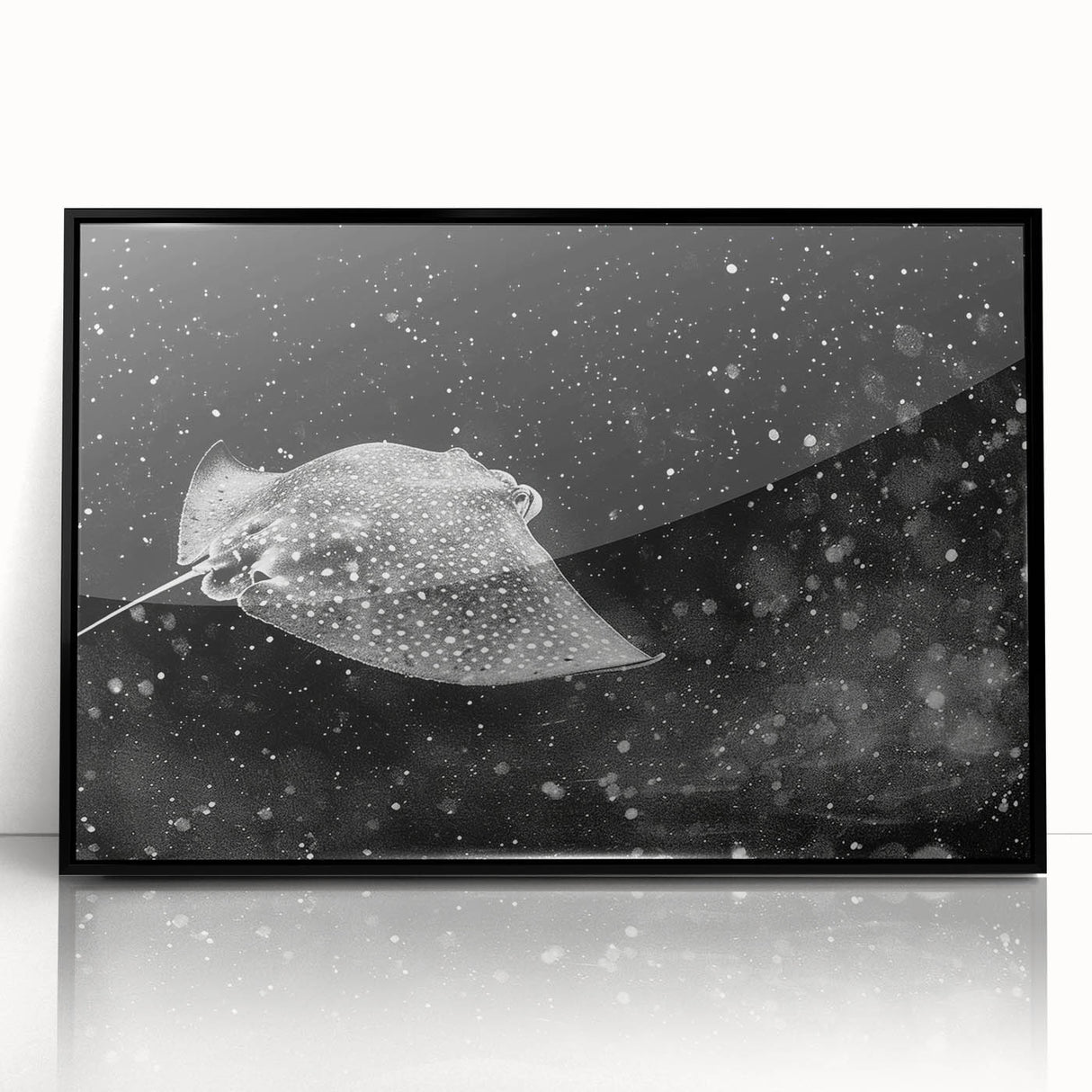 Framed wall art collection featuring a marine life ray design in vibrant colors, set against a sleek black frame, ideal for ocean-themed decor.
