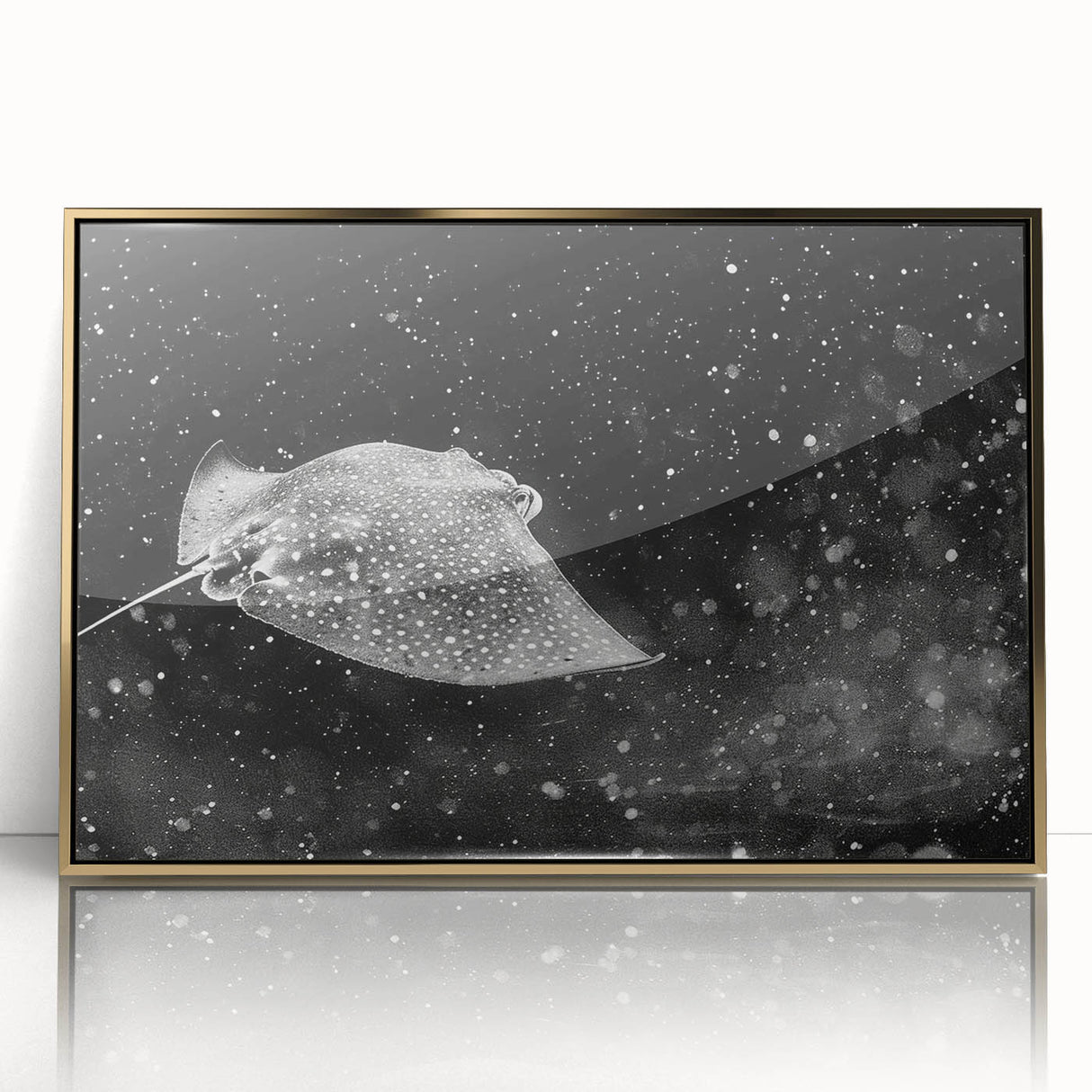 Framed acrylic wall art featuring a stunning marine life ray design in gold tones, perfect for adding a touch of elegance to coastal-themed decor.