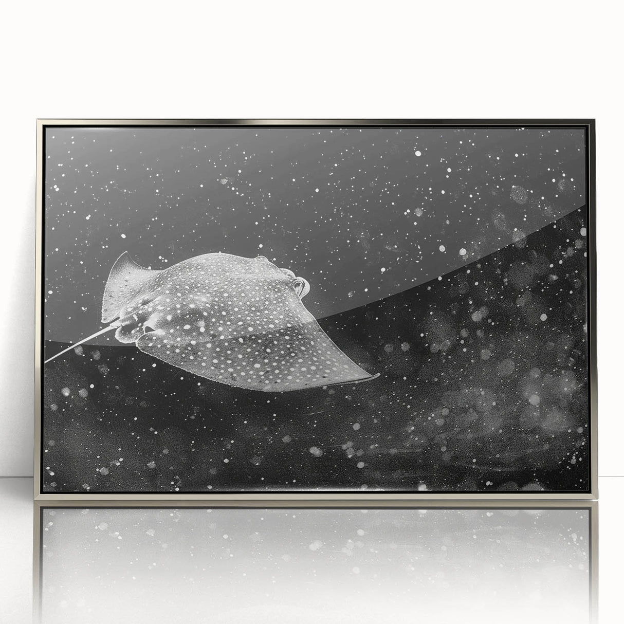 Framed acrylic wall art featuring a stunning marine life ray design in silver, showcasing intricate details and vibrant colors, perfect for coastal-themed decor.