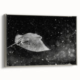 Framed wall art featuring a marine life ray design in a sleek silver frame, showcasing vibrant colors and intricate details, perfect for ocean-themed decor.