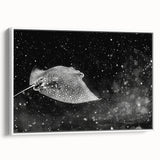 Framed canvas wall art featuring a vibrant marine life ray design, showcasing intricate details in blue and green hues, perfect for ocean-themed decor.