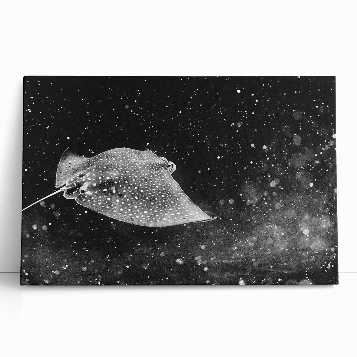 Stretched canvas wall art featuring a vibrant marine life ray design, showcasing colorful ocean hues and intricate details, perfect for nautical-themed decor.