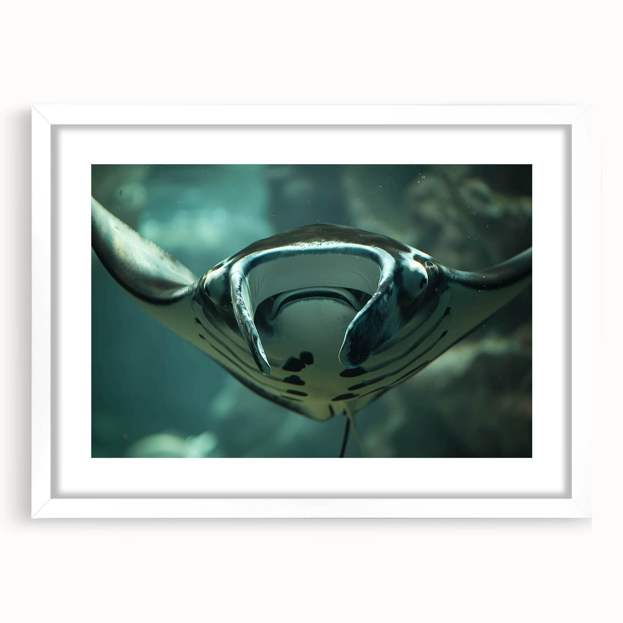 Framed wall art featuring a vibrant marine life design with rays, set against a white mat, showcasing intricate details and colorful underwater themes. Perfect for ocean lovers, this decorative piece enhances any living space with a touch of nature-inspired elegance.