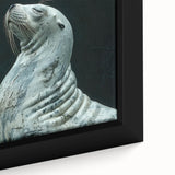 Close-up of framed canvas wall art depicting a vibrant sea lion design, showcasing intricate details and rich colors, perfect for marine life enthusiasts.