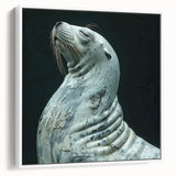 Framed canvas wall art showcasing a side view of a playful sea lion in a vibrant marine life design, perfect for ocean-themed decor and animal lovers.