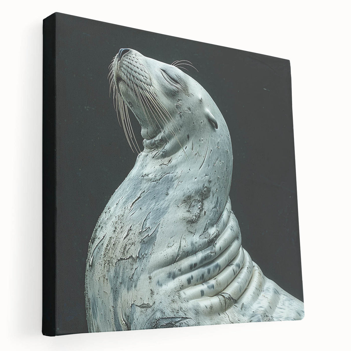 Side view of a stretched canvas wall art featuring a vibrant sea lion design against a blue ocean background, perfect for marine life enthusiasts and home decor.