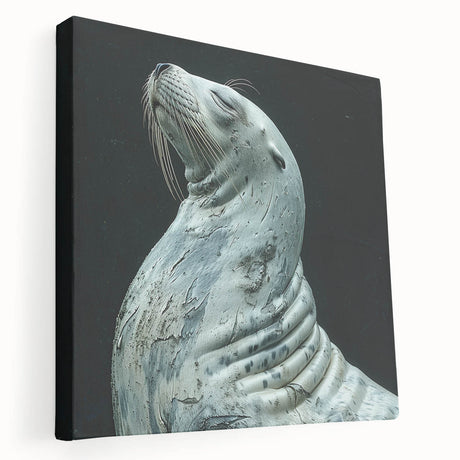 Side view of a stretched canvas wall art featuring a vibrant sea lion design against a blue ocean background, perfect for marine life enthusiasts and home decor.