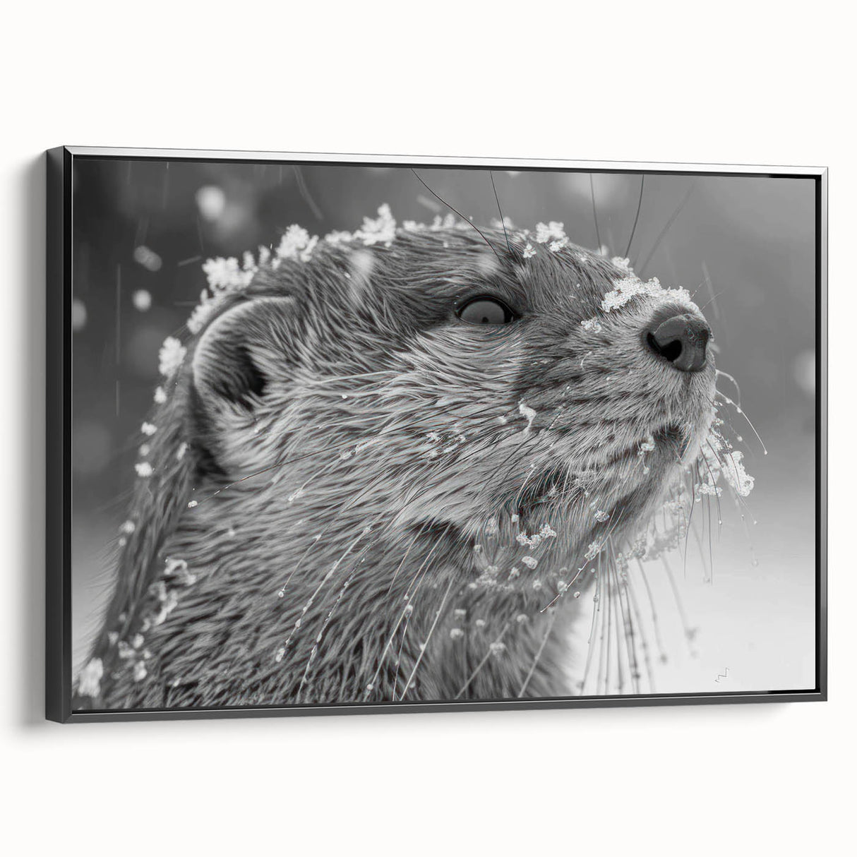 Framed wall art featuring a vibrant sea otter design against a black background, showcasing marine life in a playful pose, ideal for ocean-themed decor.