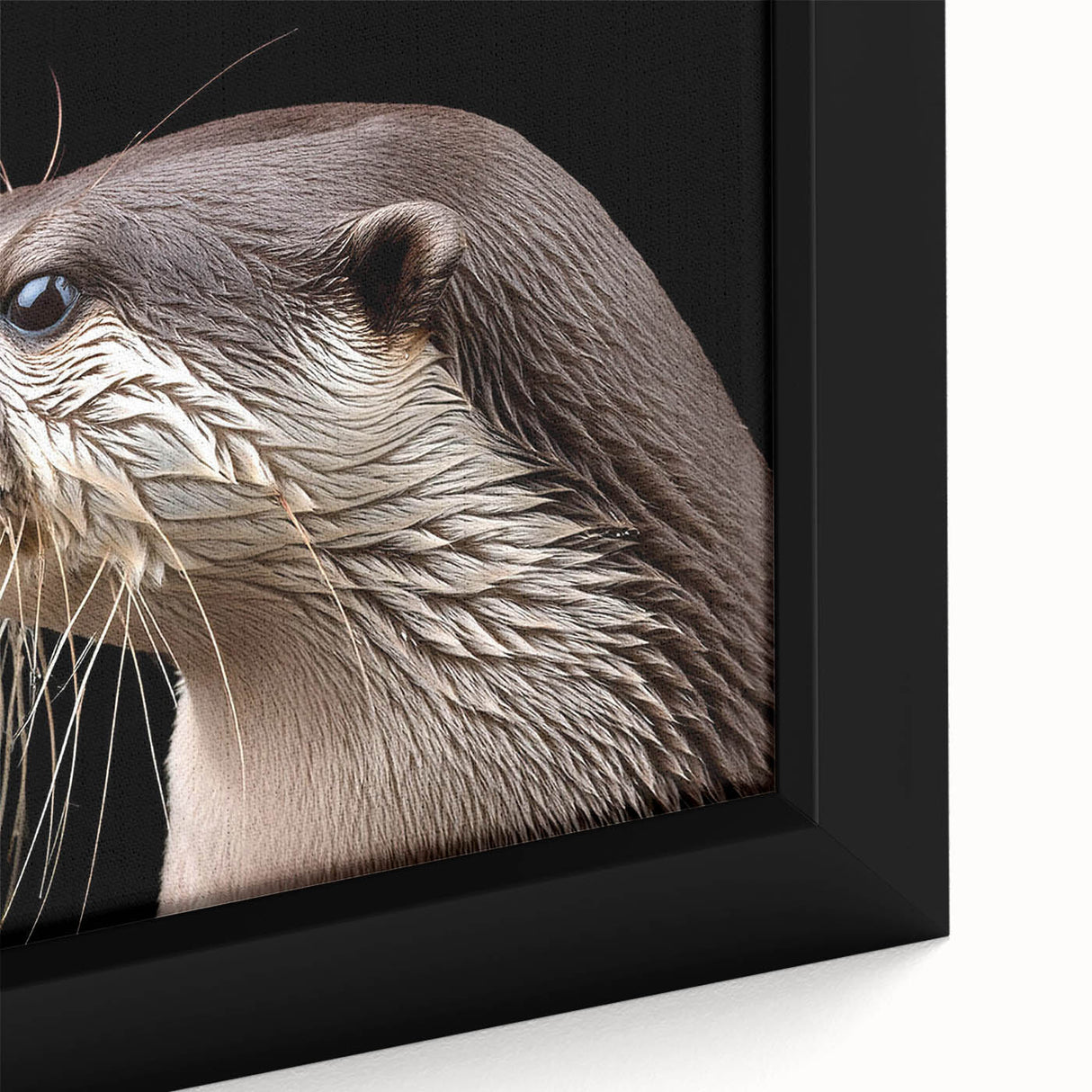 Close-up of a framed canvas wall art featuring a playful sea otter surrounded by vibrant marine life, showcasing intricate details and vivid colors, ideal for ocean-themed decor.