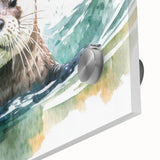 Close-up of a vibrant marine life wall art design featuring a playful sea otter, showcased in an acrylic glass frame, perfect for ocean-themed décor.