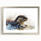 Framed wall art showcasing a whimsical sea otter design, featuring vibrant marine life colors and a sleek silver frame, perfect for ocean-themed decor.