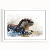 Wall art featuring a charming sea otter design, framed in white with a mat, showcasing vibrant marine life colors, perfect for ocean-themed home decor.