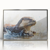 Framed wall art featuring a playful sea otter design with vibrant colors, set in a sleek silver frame, perfect for marine life enthusiasts and home decor.