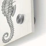 Close-up of a vibrant seahorse wall art design on acrylic glass, showcasing intricate details and colors, ideal for marine life enthusiasts and home decor.