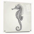 Side view of a marine life seahorse design wall art piece, showcasing intricate details on acrylic glass, complemented by decorative pins for hanging. This vibrant artwork enhances ocean-themed decor with its colorful portrayal of a seahorse, perfect for marine enthusiasts.