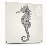 Side view of a marine life seahorse design wall art piece, showcasing intricate details on acrylic glass, complemented by decorative pins for hanging. This vibrant artwork enhances ocean-themed decor with its colorful portrayal of a seahorse, perfect for marine enthusiasts.