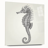 Colorful wall art featuring an intricately designed seahorse, displayed in a sleek acrylic frame, showcasing marine life aesthetics for ocean-themed decor.