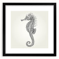 Framed wall art featuring a detailed black and white design of a seahorse, set against a white background, perfect for marine life enthusiasts and home decor.