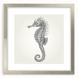 Framed wall art featuring a stunning seahorse design in a silver mat, perfect for marine life enthusiasts, adding elegance to home decor.