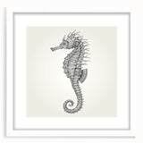 Framed wall art featuring a detailed seahorse design, showcased in a white mat, perfect for marine life enthusiasts and coastal decor lovers.