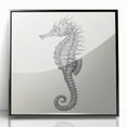 Framed wall art featuring a vibrant seahorse design in marine colors, showcasing intricate details and textures, ideal for ocean-themed decor.