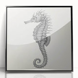 Framed wall art featuring a vibrant seahorse design in marine colors, showcasing intricate details and textures, ideal for ocean-themed decor.