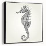 Framed canvas wall art showcasing a detailed black seahorse design, perfect for marine life enthusiasts. Ideal for home decor or coastal-themed spaces.