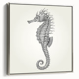 Framed canvas wall art showcasing a silver side view of a vibrant seahorse design, perfect for marine-themed decor, enhancing interior aesthetics with its unique aquatic charm.
