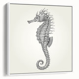 Framed canvas wall art depicting a vibrant seahorse design, showcasing intricate details and vivid colors on a white background, perfect for marine life enthusiasts.