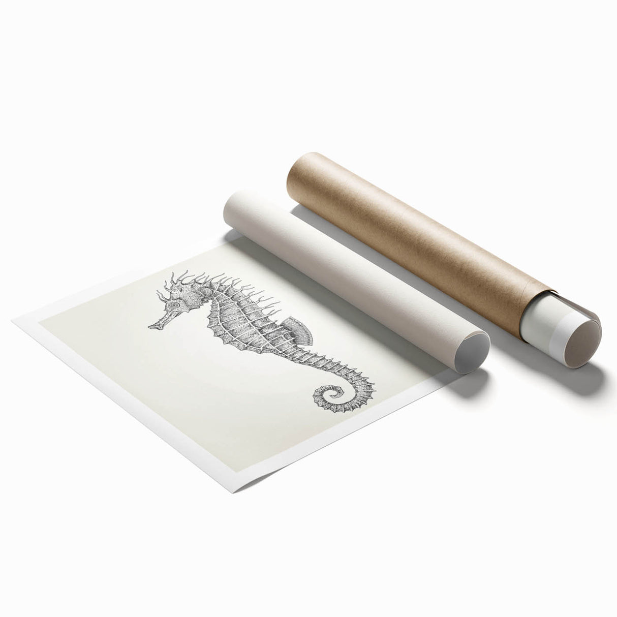 Colorful seahorse wall art print showcasing intricate marine life design on a rolled canvas, perfect for ocean-themed decor, adding vibrant aquatic beauty to any space.
