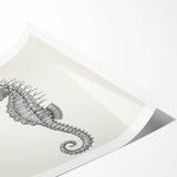 Vibrant seahorse wall art print showcasing intricate marine life design in vivid colors, perfect for ocean-themed decor, rolled and ready for framing.