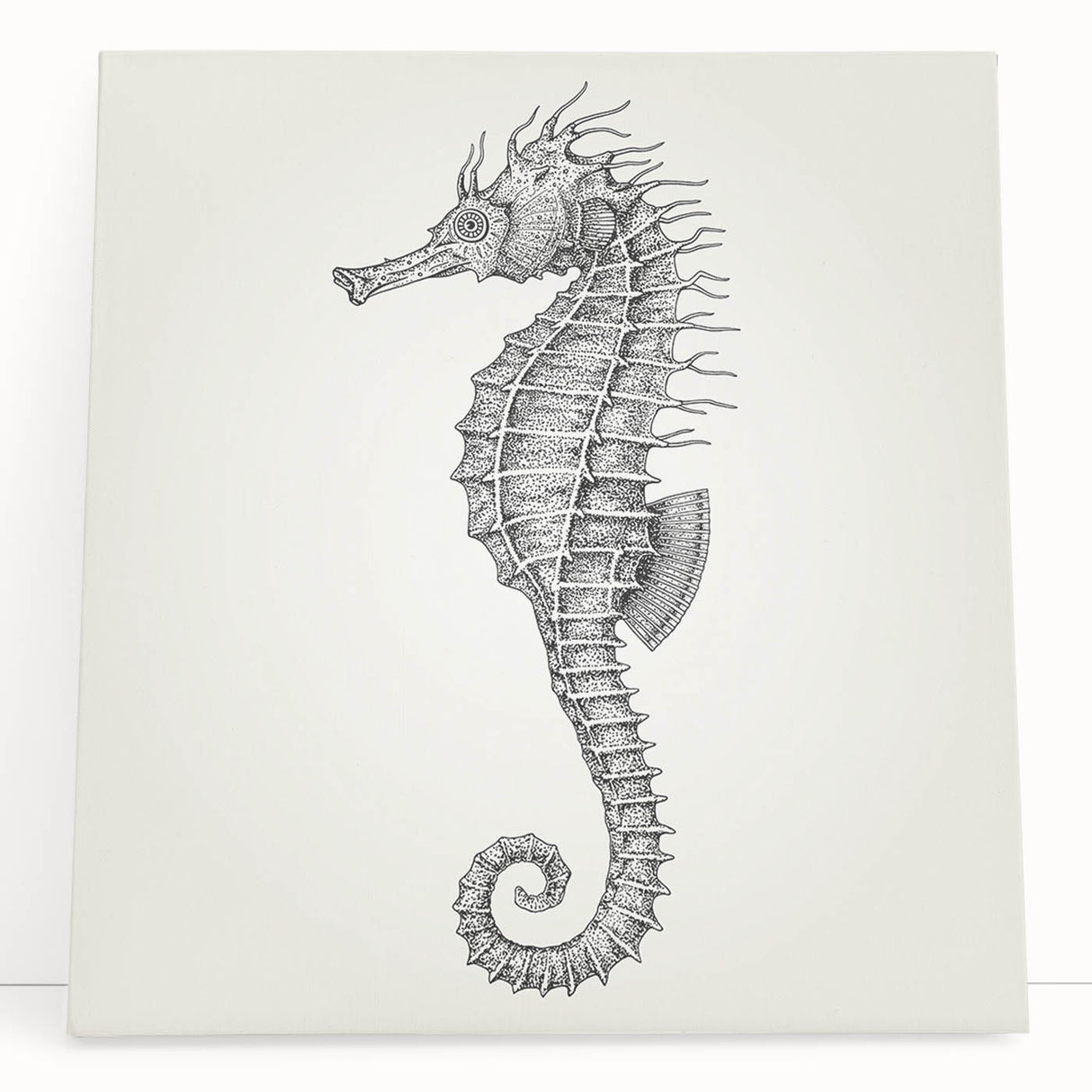 Stretched canvas wall art featuring a vibrant marine life design with a seahorse, showcasing intricate details and colors, ideal for ocean-themed decor.
