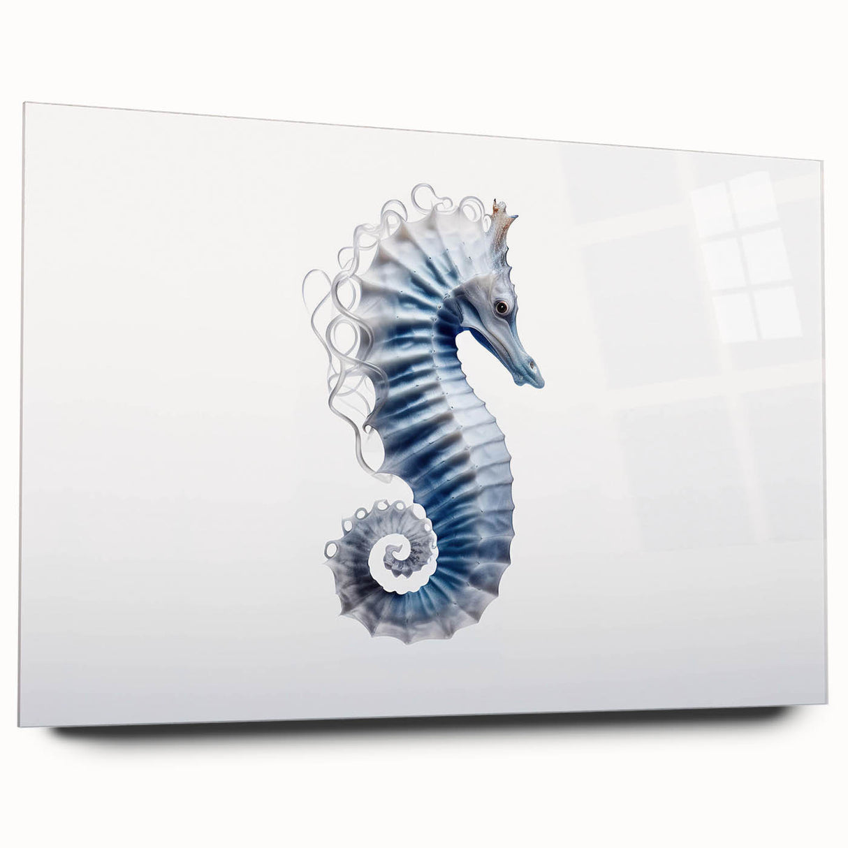 Acrylic wall art showcasing a vibrant seahorse design in marine life theme, viewed from the side, highlighting intricate details and colors, perfect for ocean-inspired decor.
