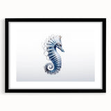 Black-framed wall art featuring a vibrant marine life seahorse design, ideal for ocean-themed decor, showcasing intricate details and colors. Perfect for enhancing home aesthetics.