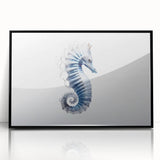 Framed wall art featuring a vibrant seahorse design in an acrylic finish, showcasing intricate marine life details against a sleek black background. Perfect for ocean-themed decor.