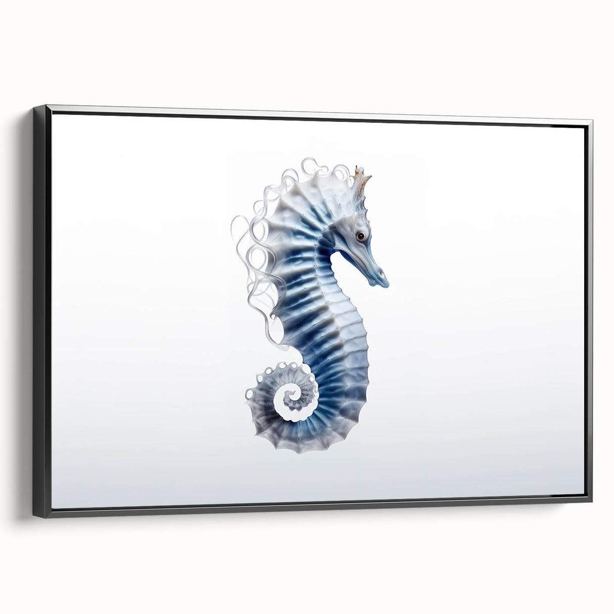 Framed wall art featuring a detailed design of a seahorse in vibrant colors, set against a black background, ideal for marine life enthusiasts and home decor.