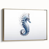 Framed canvas wall art featuring a vibrant gold-colored seahorse design, showcasing intricate details and textures, ideal for marine-themed decor.