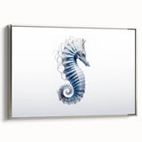 Framed wall art featuring a silver side view of a seahorse design, showcasing intricate marine life details on a canvas, perfect for coastal decor enthusiasts.