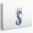 Colorful stretched canvas wall art featuring a detailed seahorse design, showcasing marine life in vibrant blues and greens, perfect for ocean-themed decor.