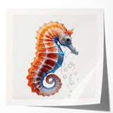 Vibrant wall art featuring a detailed seahorse design in shades of blue and green, perfect for marine-themed decor, showcasing intricate patterns and textures.