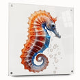 A vibrant seahorse wall art piece showcasing a marine life design, crafted from acrylic glass, elegantly displayed with pins, highlighting intricate details and colors.