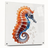 A vibrant seahorse wall art piece showcasing a marine life design, crafted from acrylic glass, elegantly displayed with pins, highlighting intricate details and colors.