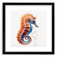 Elegant black-framed wall art featuring a vibrant seahorse design, part of a marine life collection, showcasing detailed aquatic colors and textures. Perfect for ocean-themed decor.